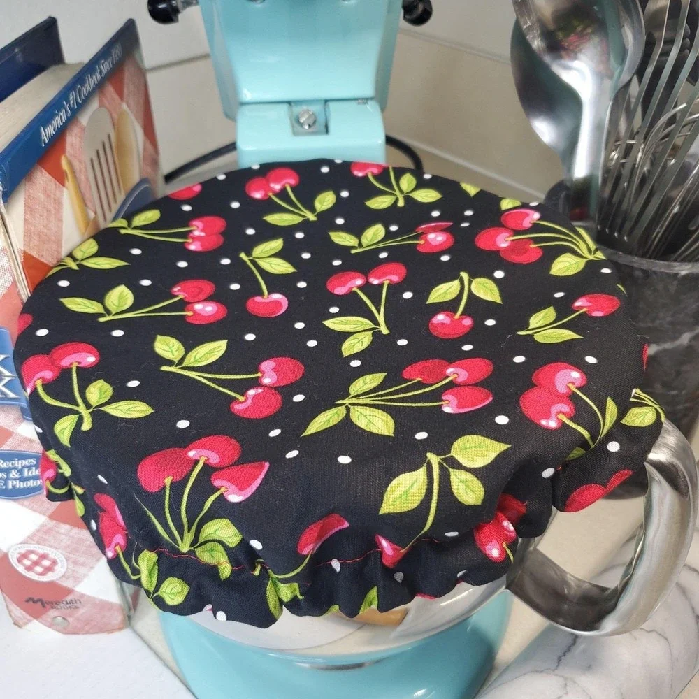 Cherries‎ On Black Polka Dot Reversible KitchenAid Mixer Mixing Bowl Cover Decor